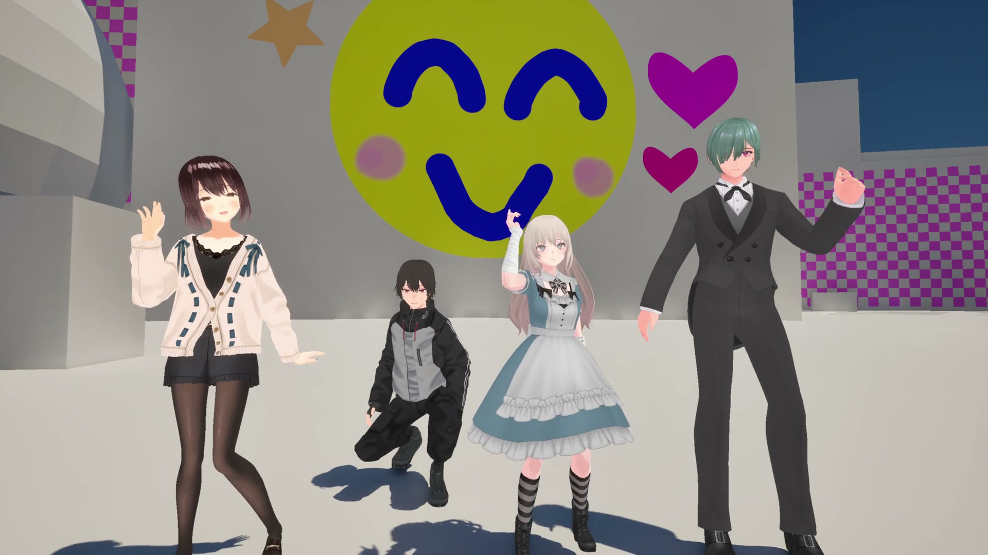 新宿の笑顔の壁画の前に集まった4人のキャラクター。