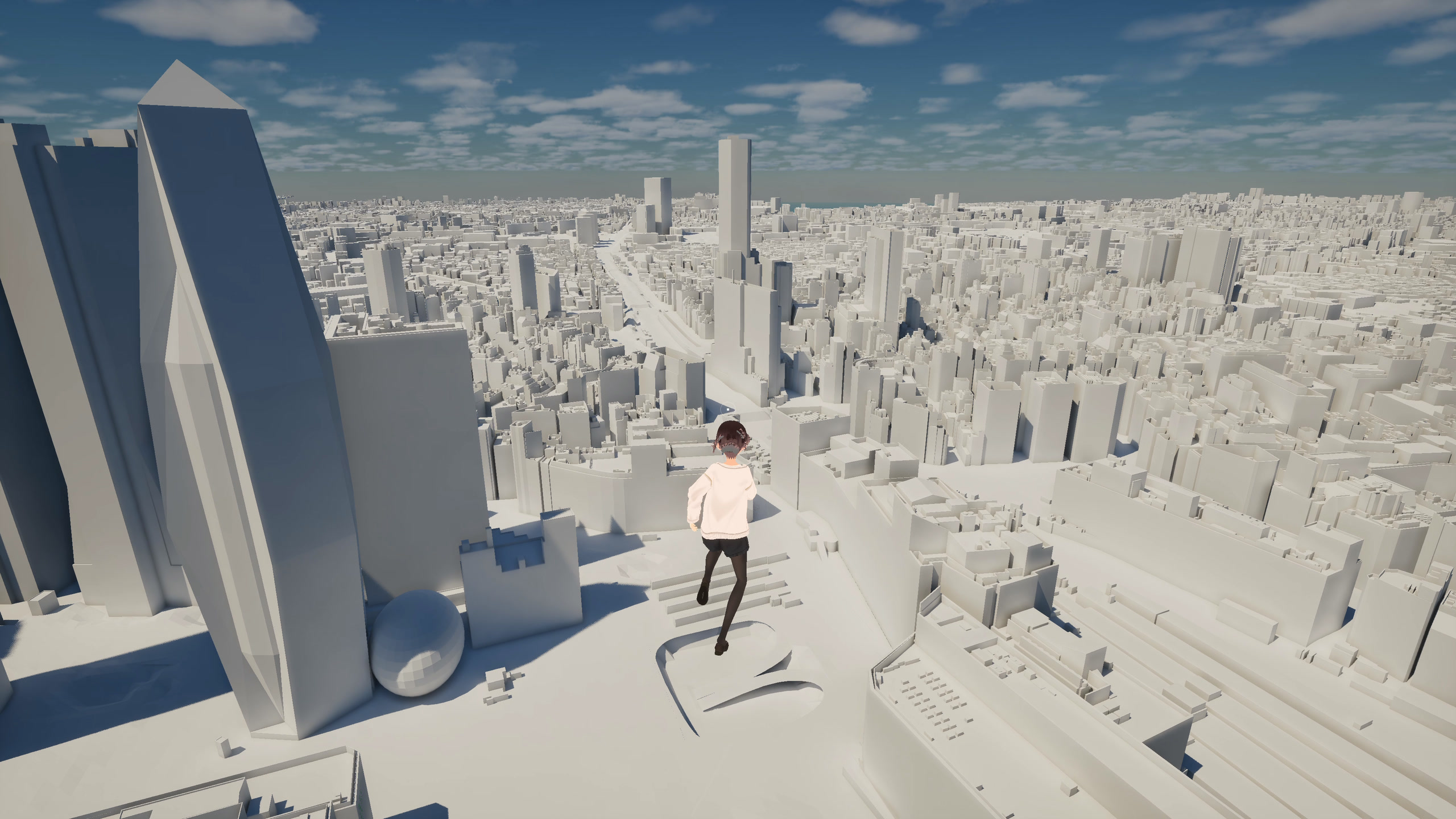 東京の3D都市モデル上空をプレイヤーが自由に飛んでいる。