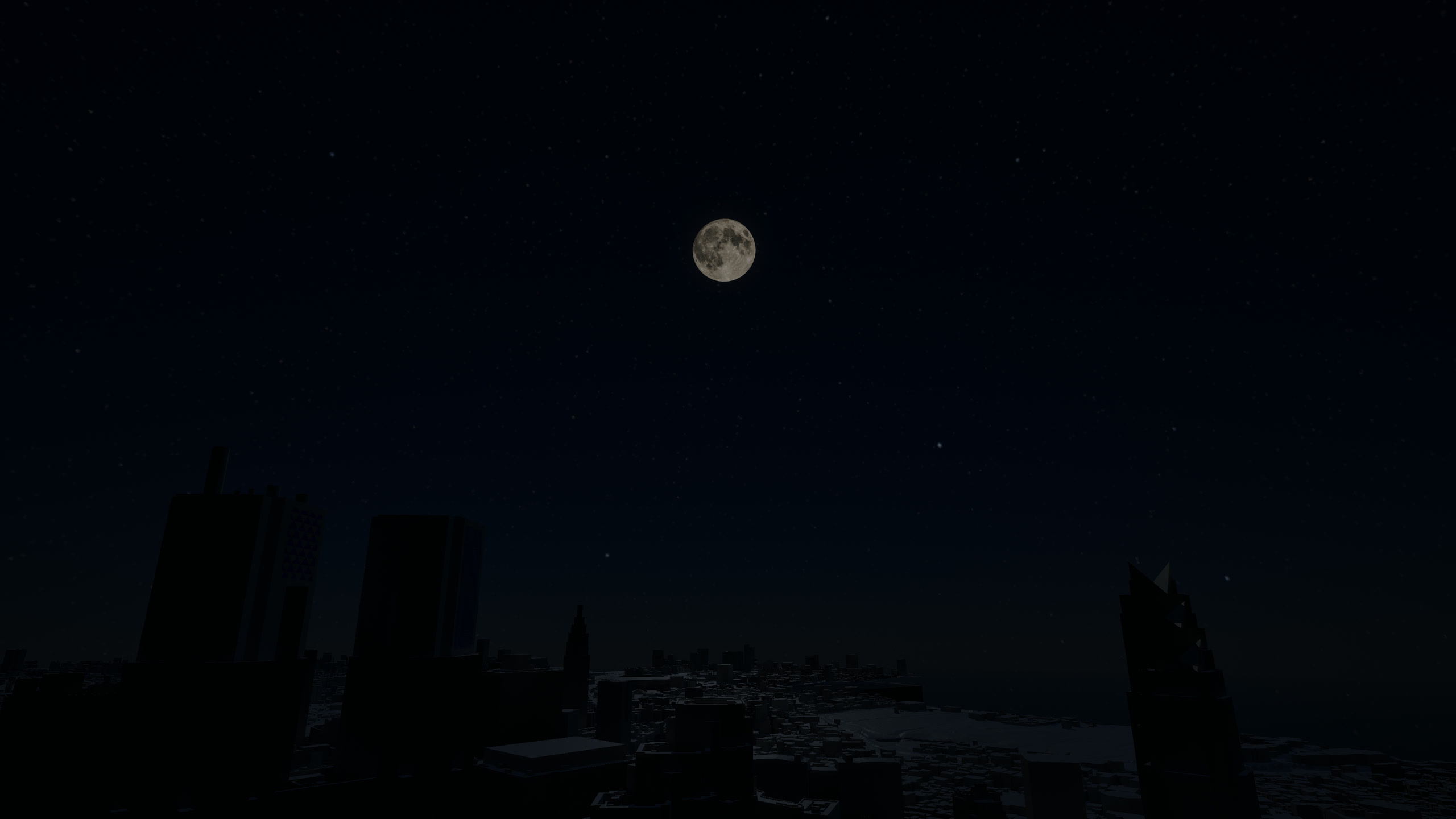 月と星が浮かぶ夜空と、新宿のビル群のシルエット。HUDのないゲーム画面。